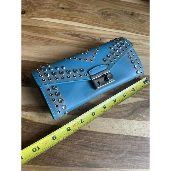 Turquoise Prada Wallet Purse Crossbody Rhinestone and Rivet detail Perfect Cond - Picture 9 of 10